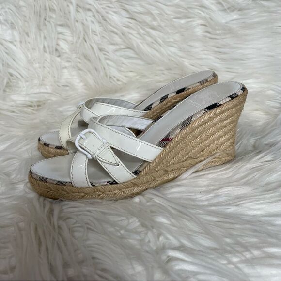 Burberry strappy Nova check Plaid Jute‎ wedge Espadrille sandals Coastal 37 - Picture 3 of 10